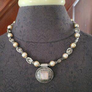 Vintage-Inspired Silver & Pearl Beaded Necklace With Square Pink Stone Pendant